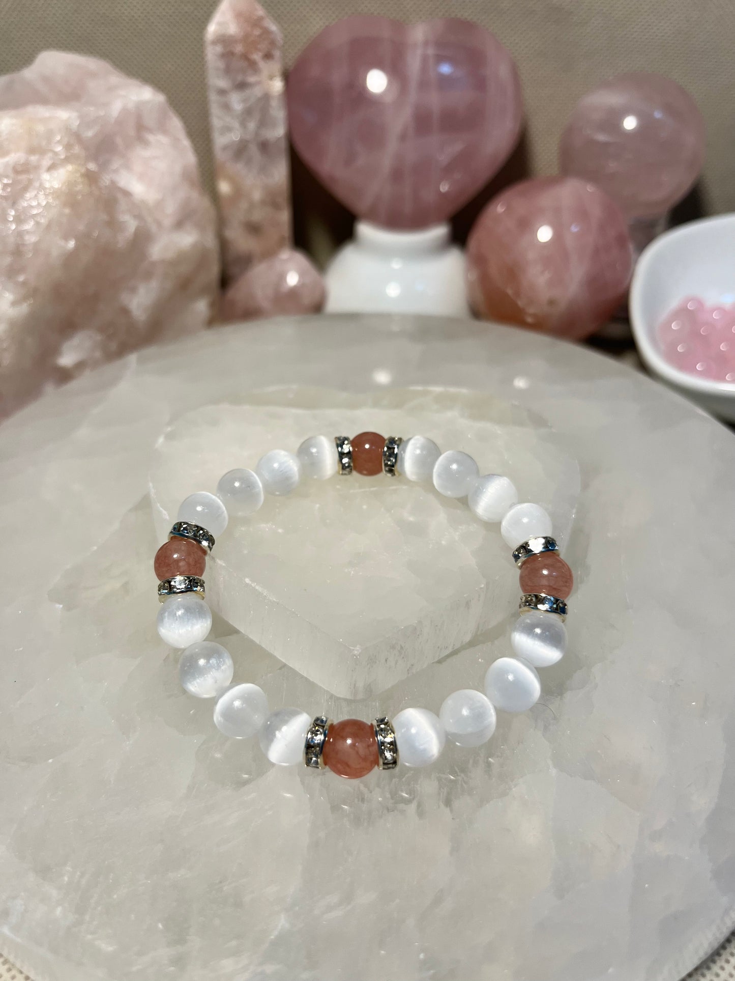 Genuine Selenite and Strawberry Quartz Crystal Bracelet