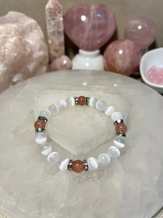 Genuine Selenite and Strawberry Quartz Crystal Bracelet