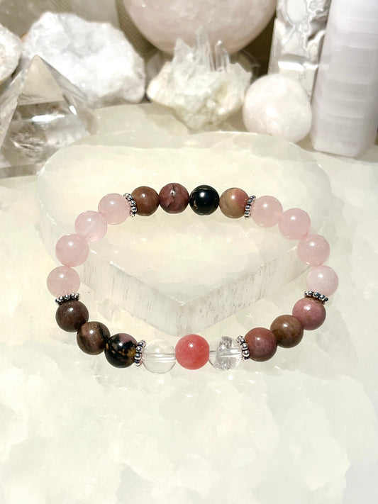 Love Bracelet - Genuine Rose Quartz, Rhodonite, Rhodochrosite, Clear Quartz