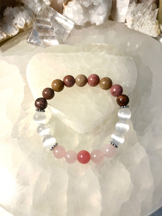 Self-Confidence Bracelet - Genuine Rhodonite, Selenite, Rose Quartz & Rhodochrosite