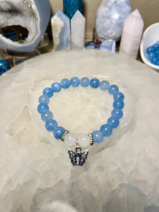 Genuine Blue Chalcedony and White Jade Crystal Bracelet