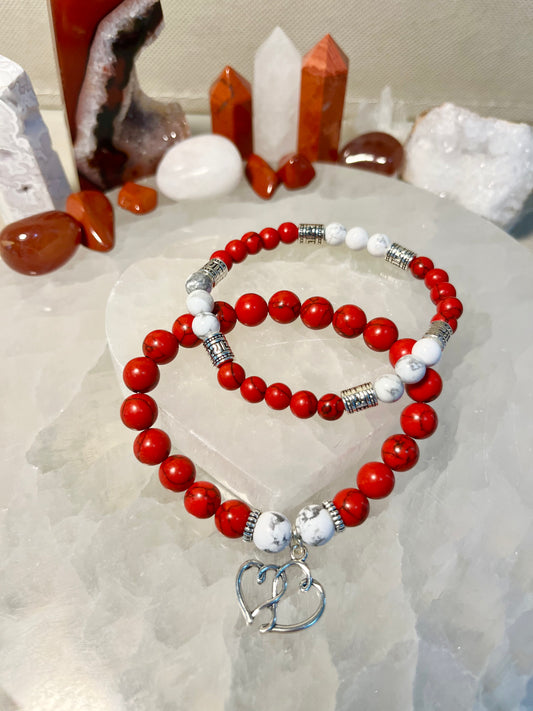 Genuine Red Vein Jasper and Howlite Crystal Bracelet Set